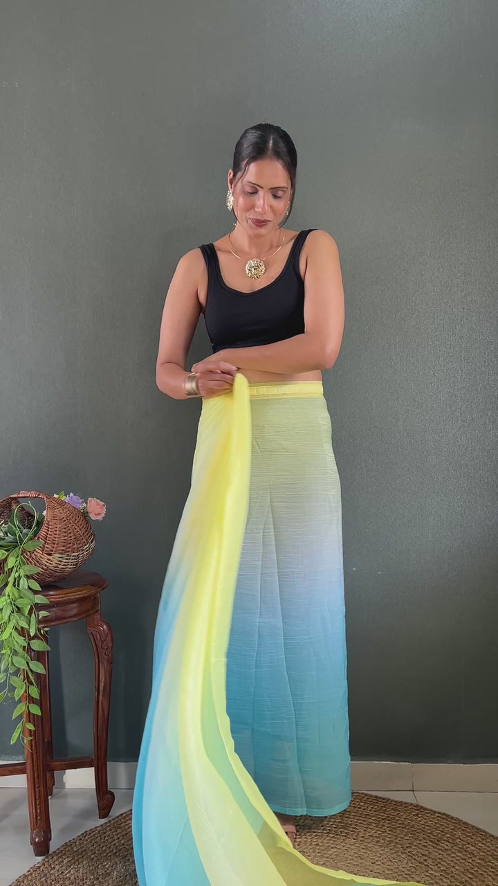 Green-Sky Blue Color Naylon Saree On Padding Print With Beautiful Blouse