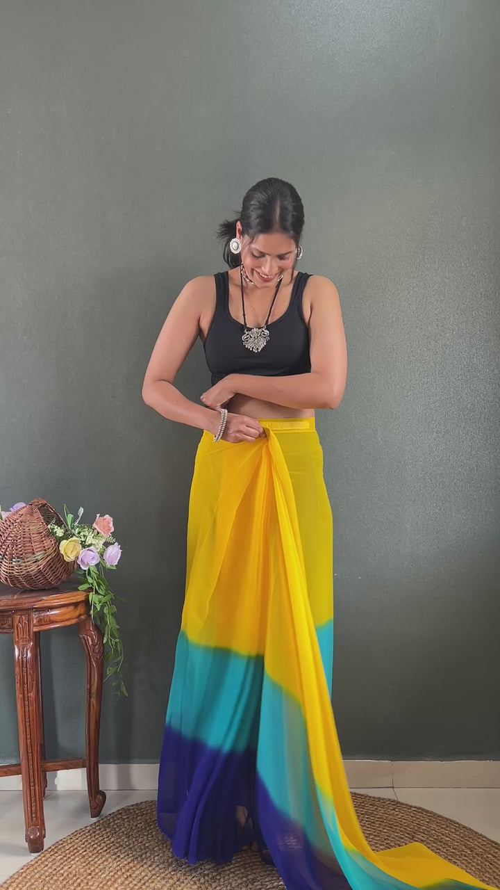 Yellow-Blue Color Georgette Saree With Beautiful Blouse