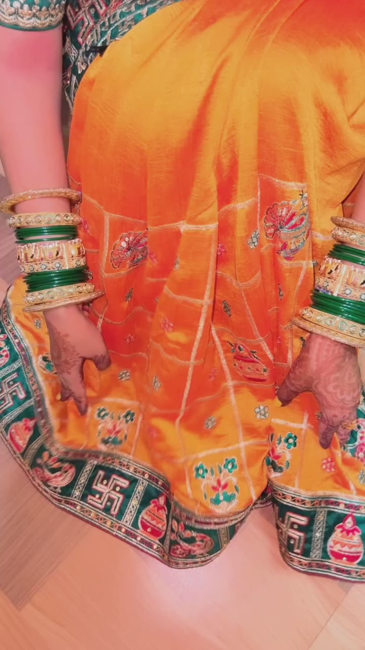 Orange Yellow Green Colour Embroiderd Panter Patola Saree For Special Occasion