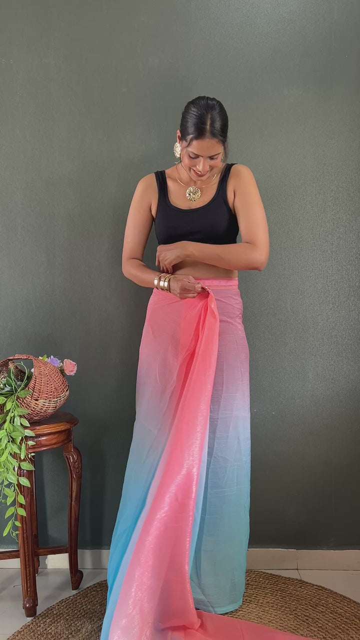 Pink-Sky Blue Color Naylon Saree On Padding Print With Beautiful Blouse