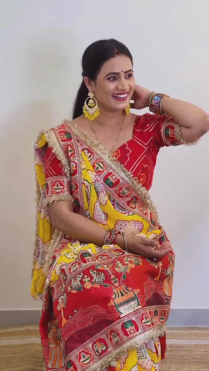 Elegance Yellow Traditional Bandhani Print Patola Party Wear Saree