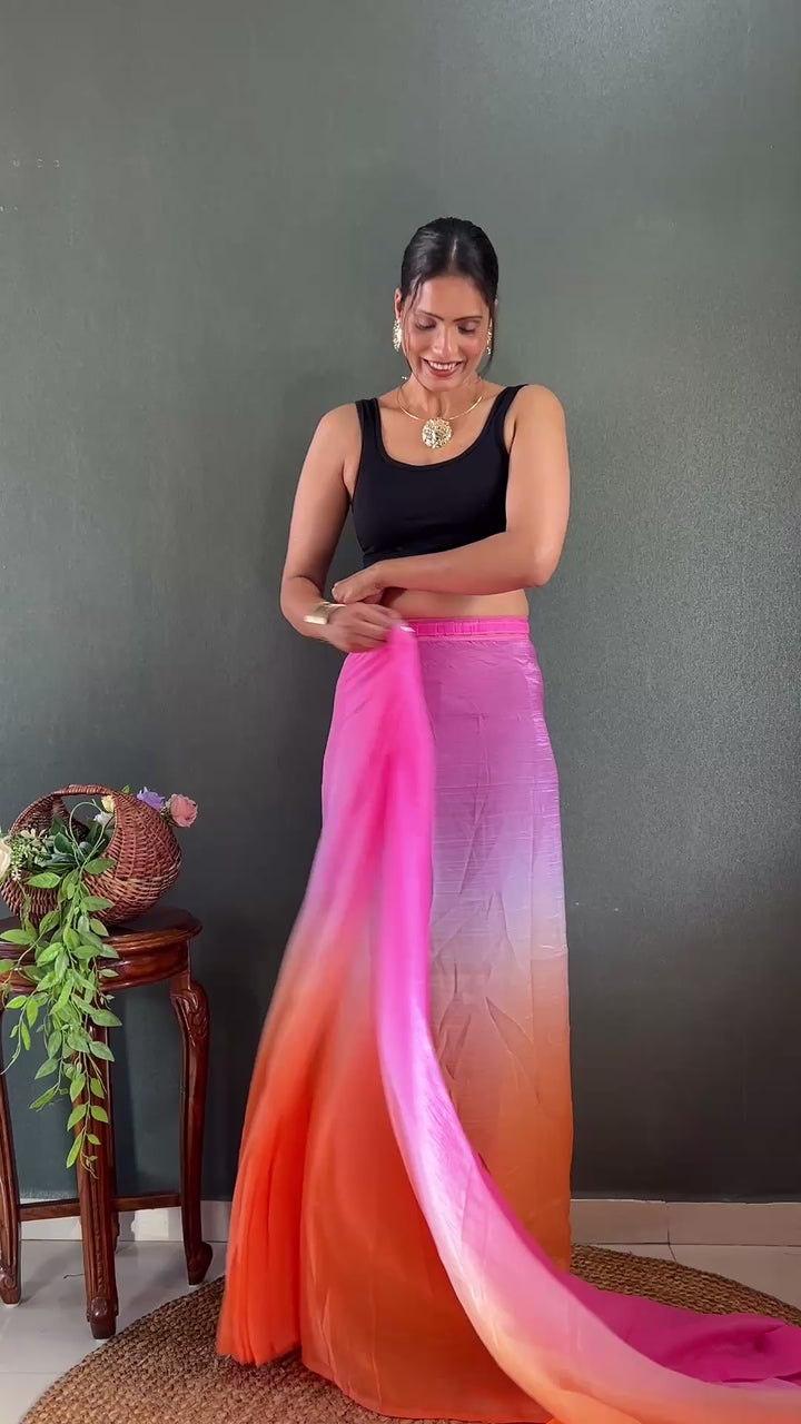 Pink-Orange Color Naylon Saree On Padding Print With Beautiful Blouse