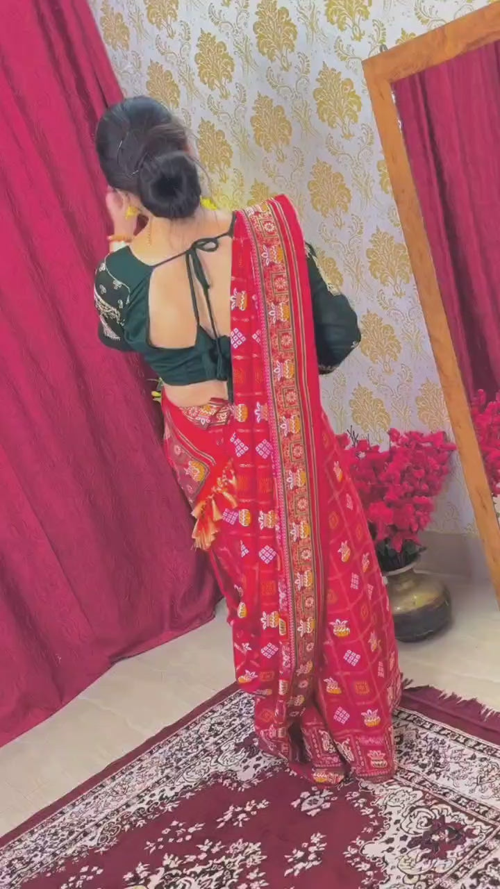 Red Colour Foil Print Traditional Patola Party Wear Saree