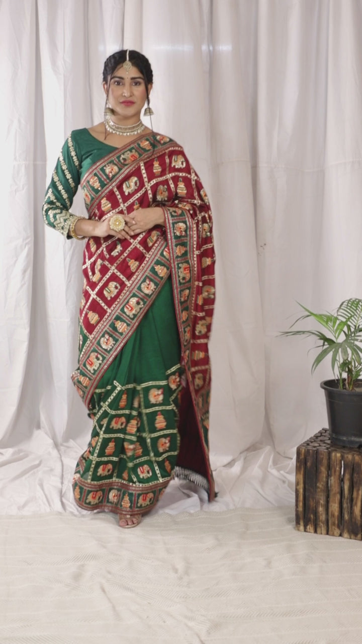 Kaira Maroon Green Embroiderd Panter Patola Half And Half Saree