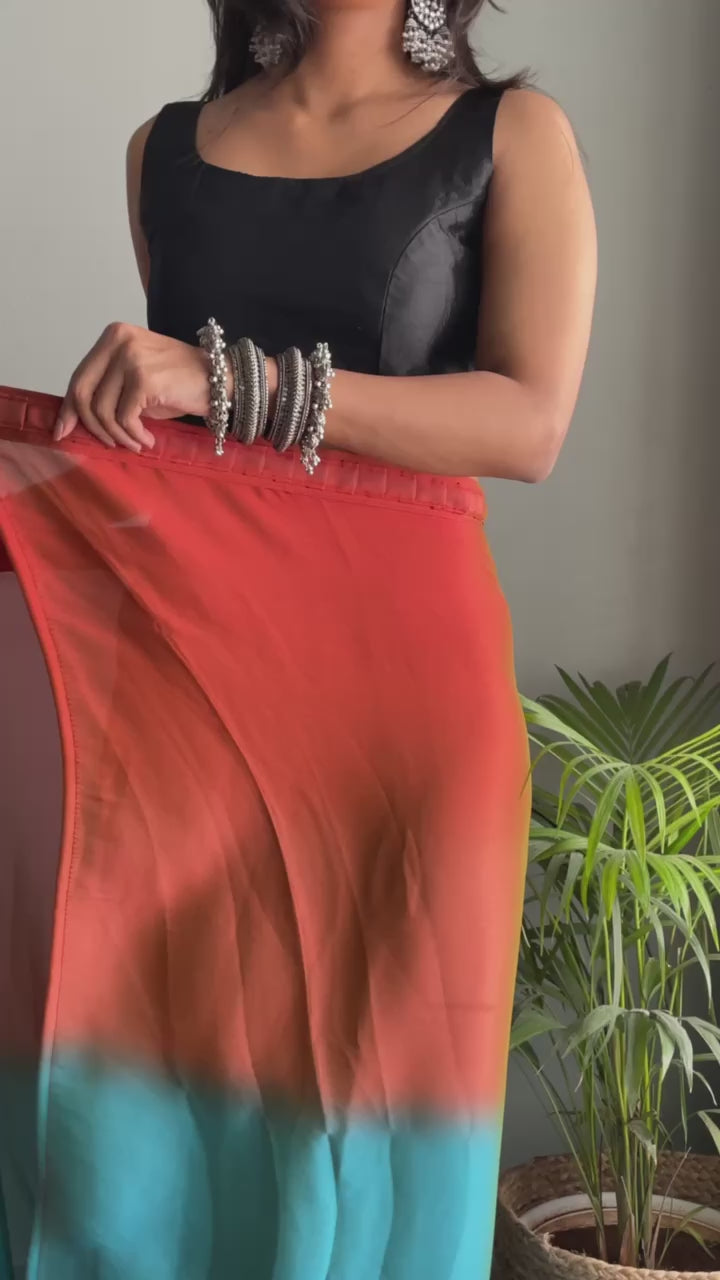 Peach And Blue Color Nylone Saree With Beautiful Blouse