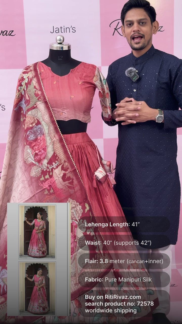 Gajari Color Manipuri Silk Kalamkari Contrast Border Print Lehenga Choli