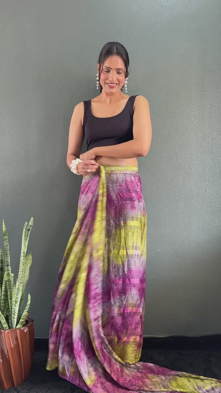 Purple And Green Color Georgette Saree With Beautiful Blouse