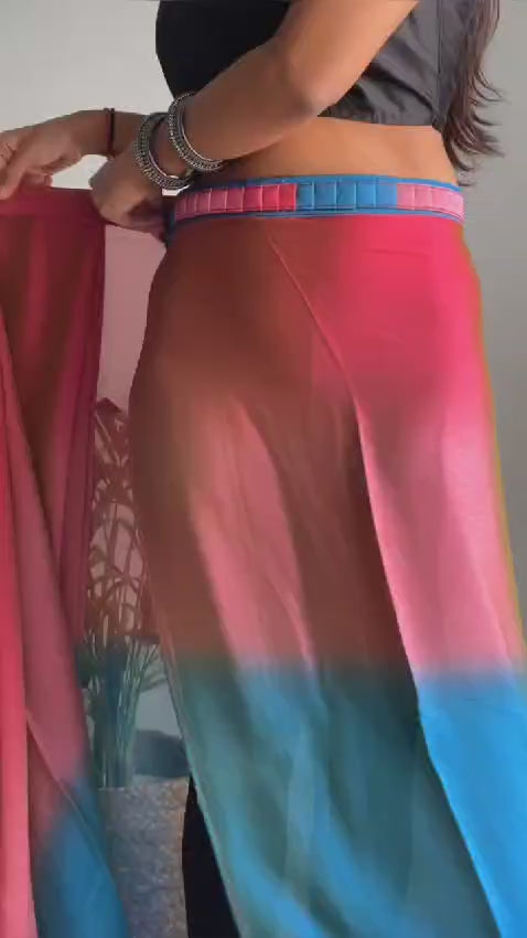 Pink And Blue Color Nylone Saree With Beautiful Blouse