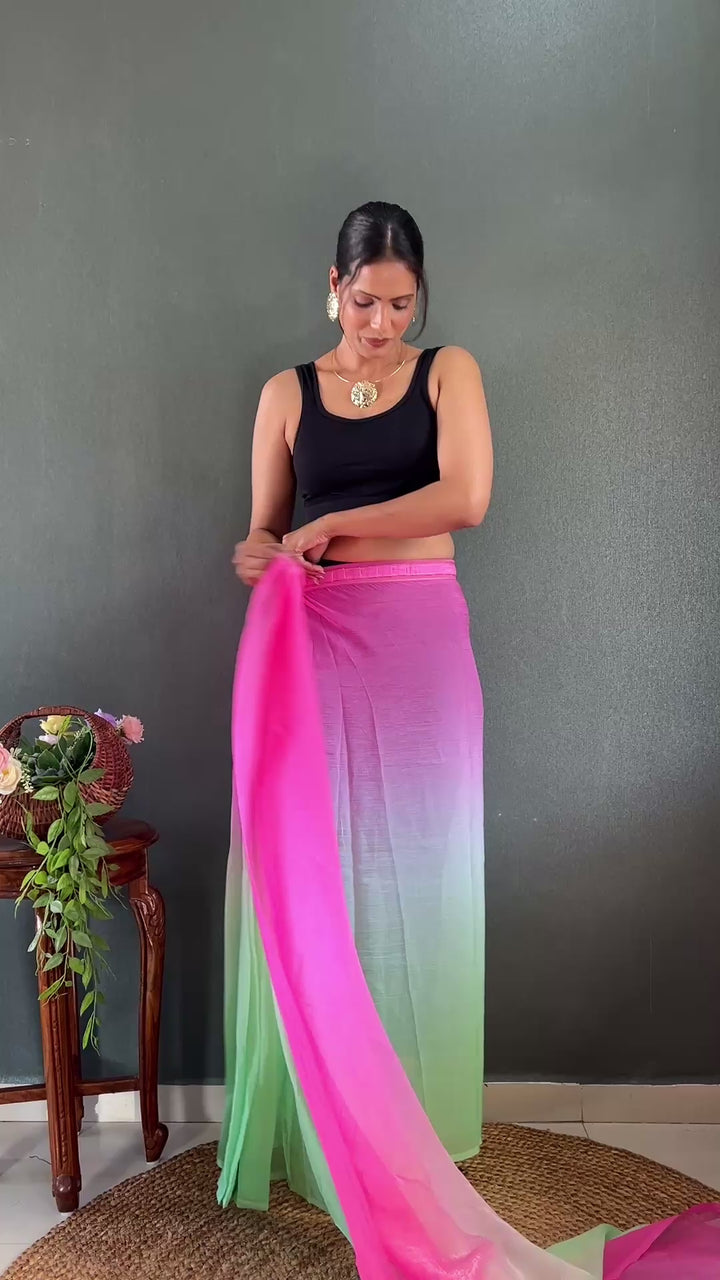 Pink-Green Color Naylon Saree On Padding Print With Beautiful Blouse