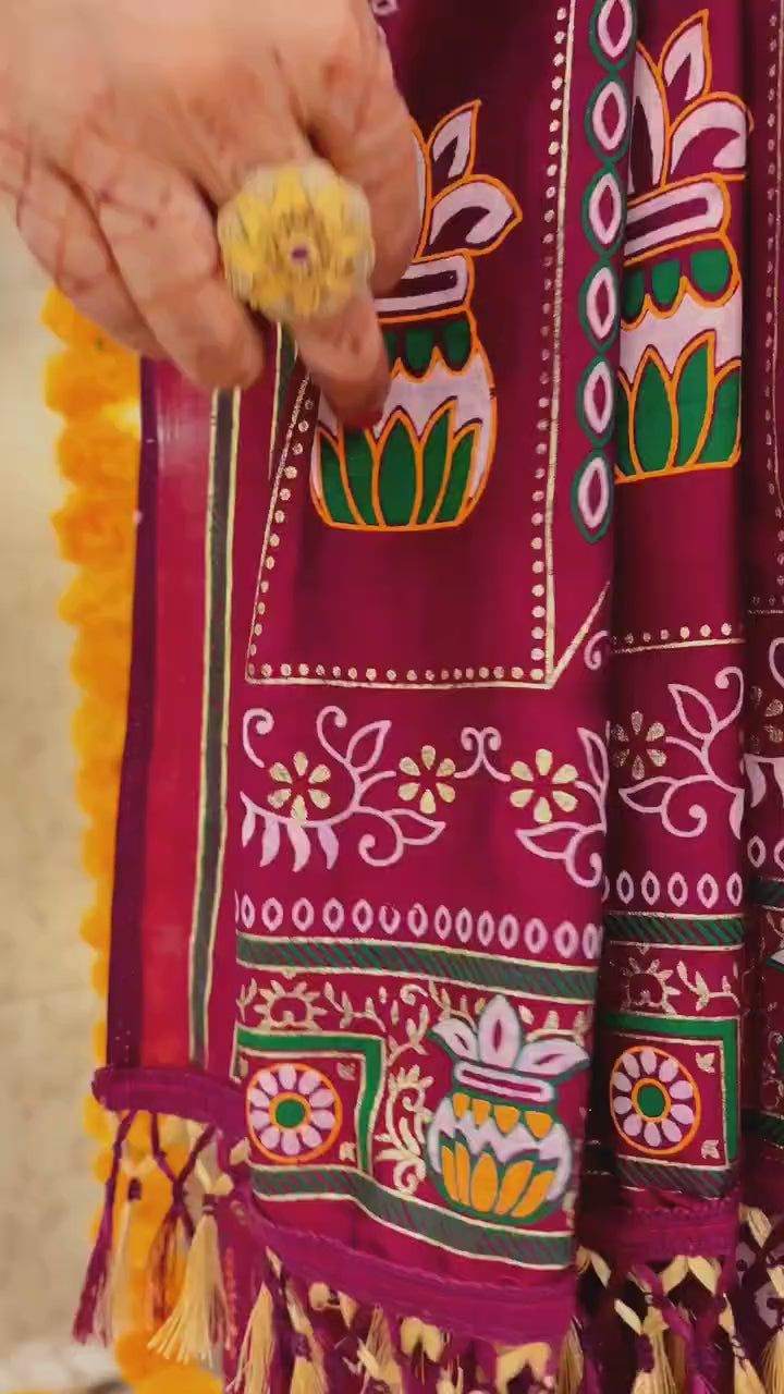 Wine Colour Foil Print Traditional Patola Party Wear Saree