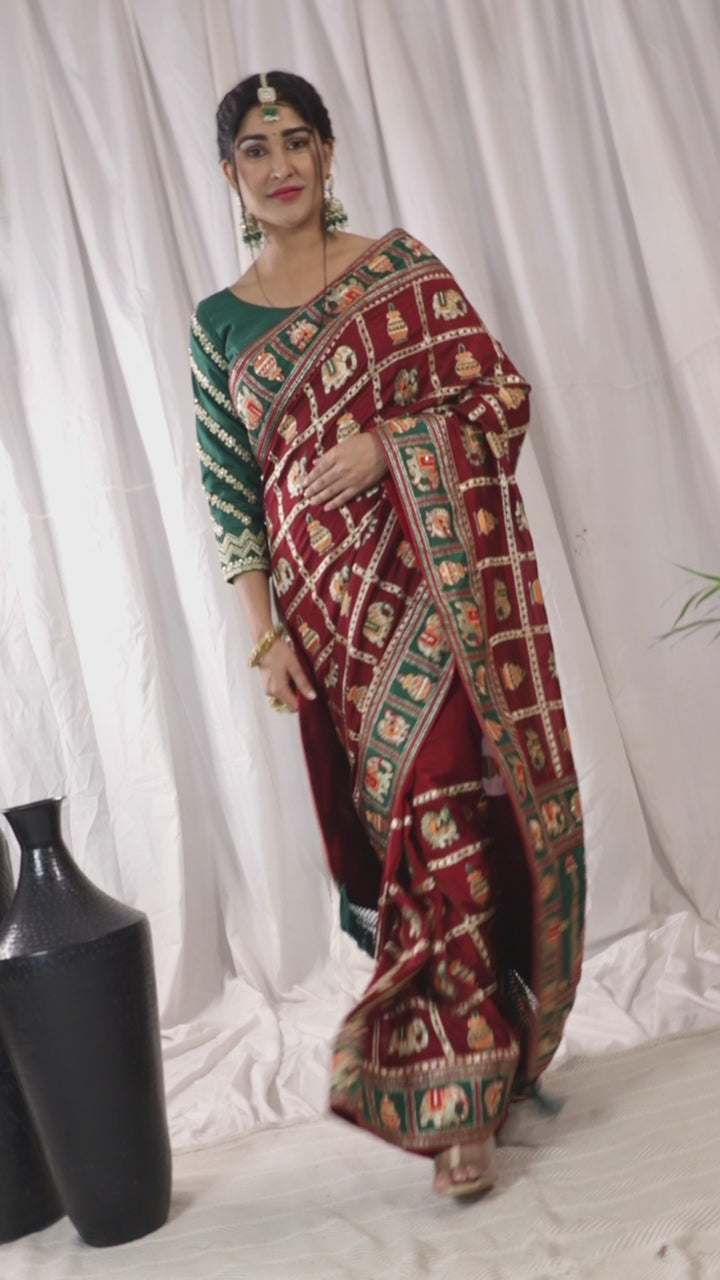 Kaira Maroon Embroiderd Panter Patola Saree With Blouse