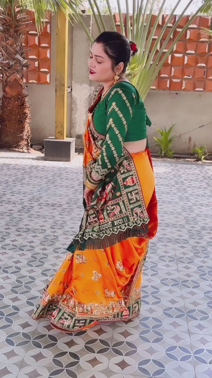 Orange Yellow Green Colour Shubha Tiwari Embroiderd Panter Patola Saree For Special Occasion