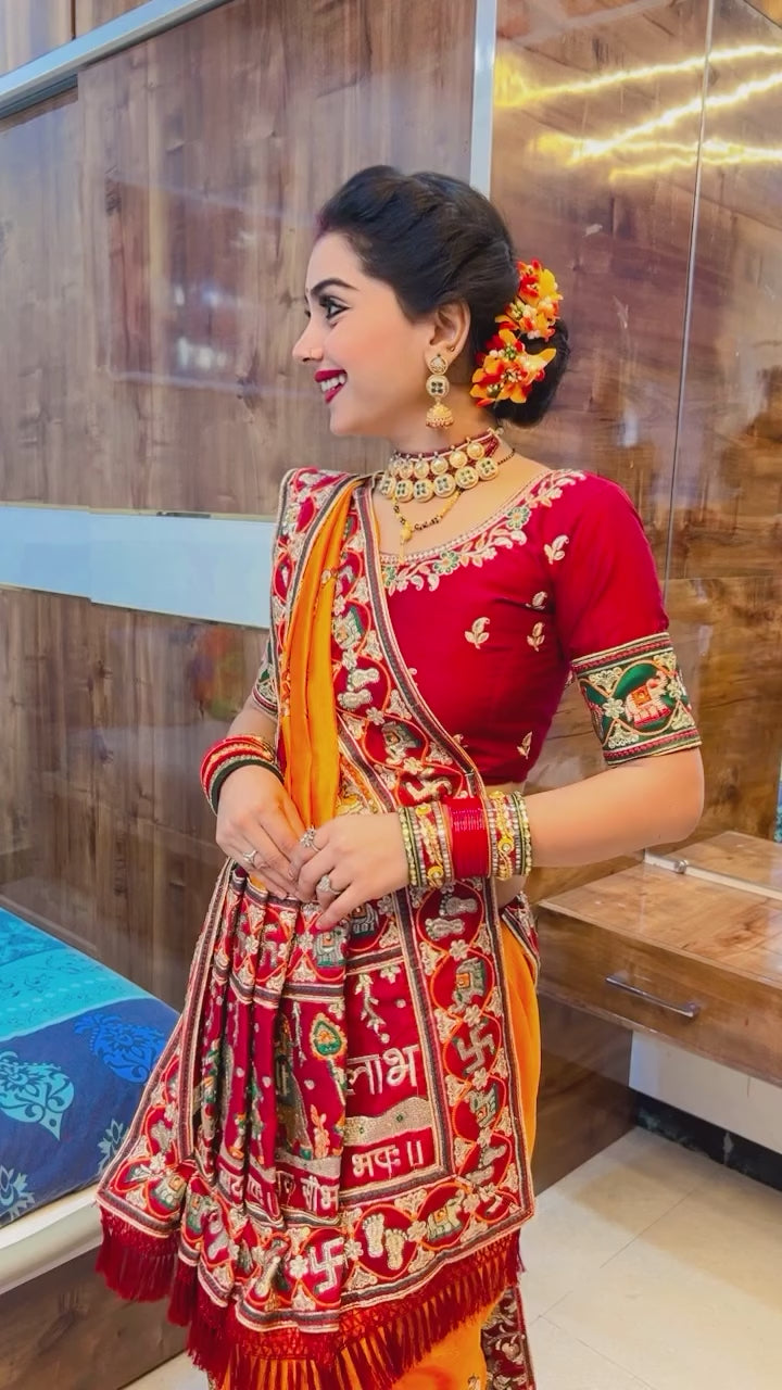 Shubh Laabh Orange Yellow Panetar Patola Saree | Wedding | Special Occasion | Puja | Baby Shower