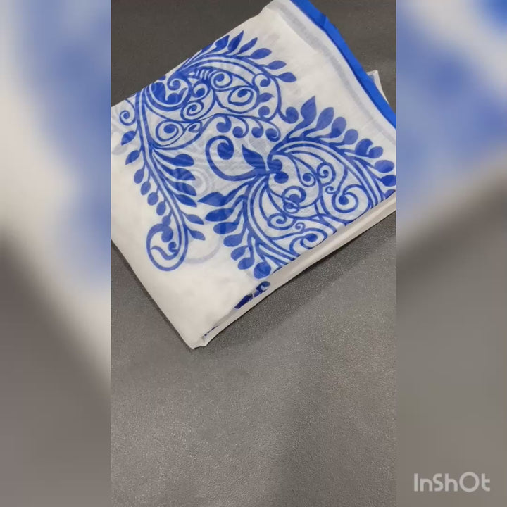 White and Blue color Cotton Linen Saree With Unstitched Blouse