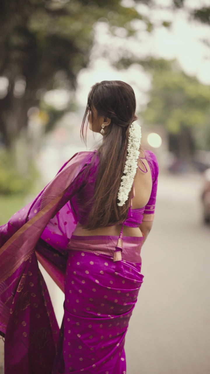 Purple Color Polka Print Jacquard Banarasi Saree with Border and Tussel.