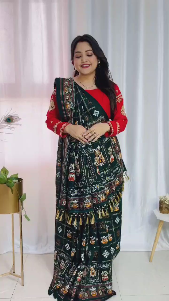 Green Colour Foil Print Traditional Patola Party Wear Saree