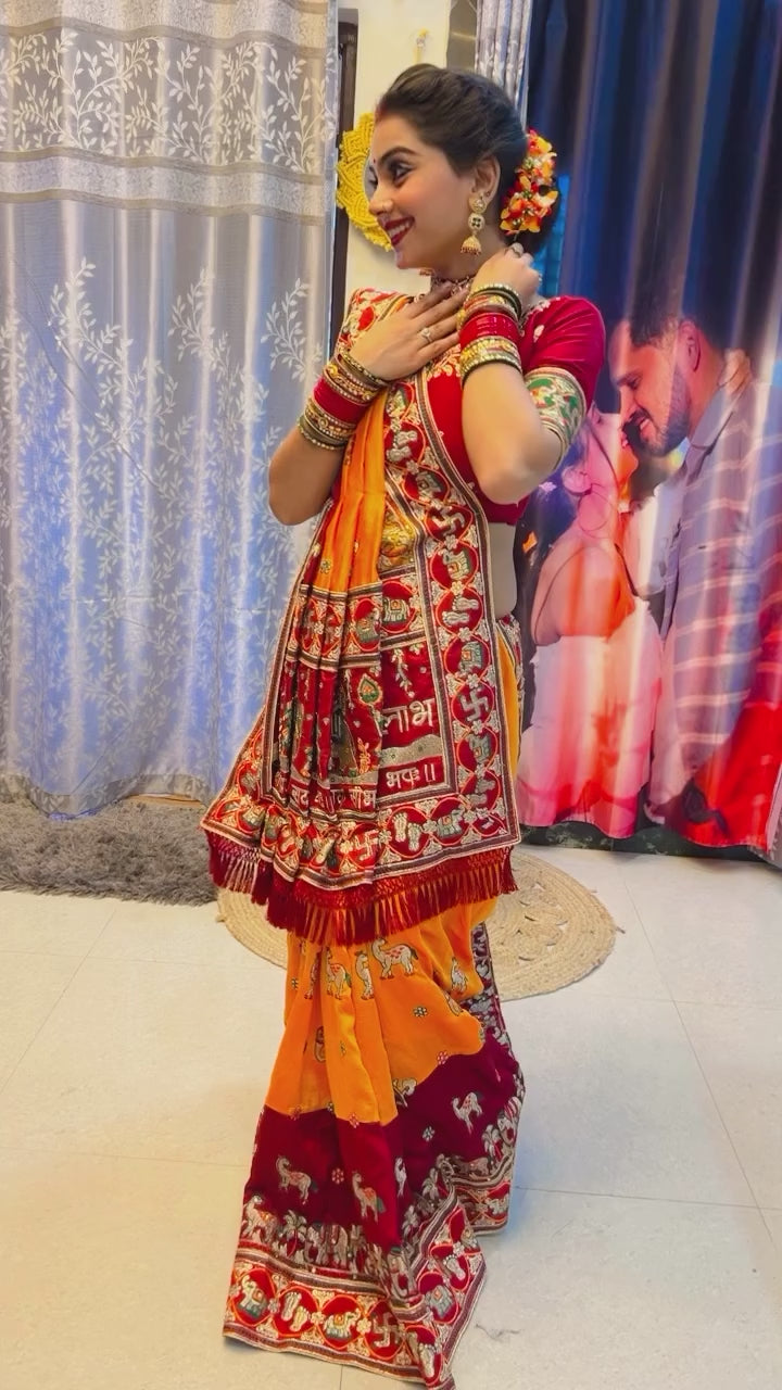 Shubh Laabh Orange Yellow Panetar Patola Saree | Wedding | Special Occasion | Puja | Baby Shower