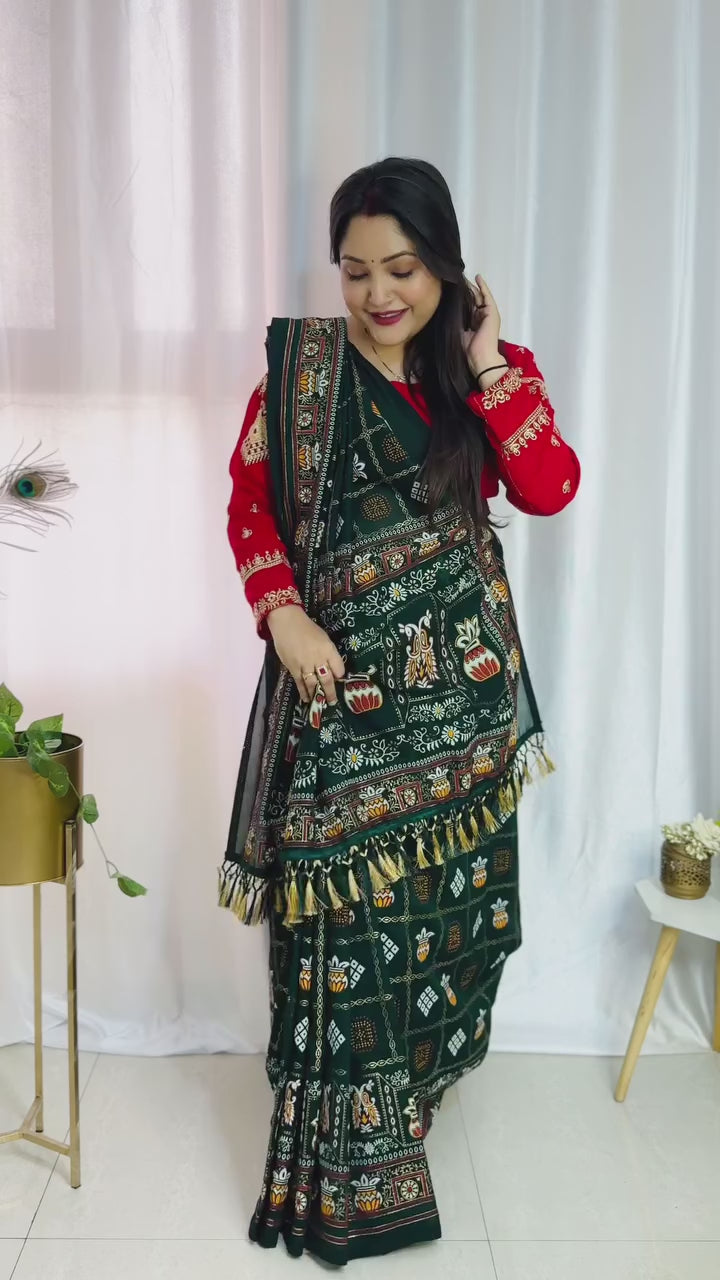 Green Colour Foil Print Traditional Patola Party Wear Saree