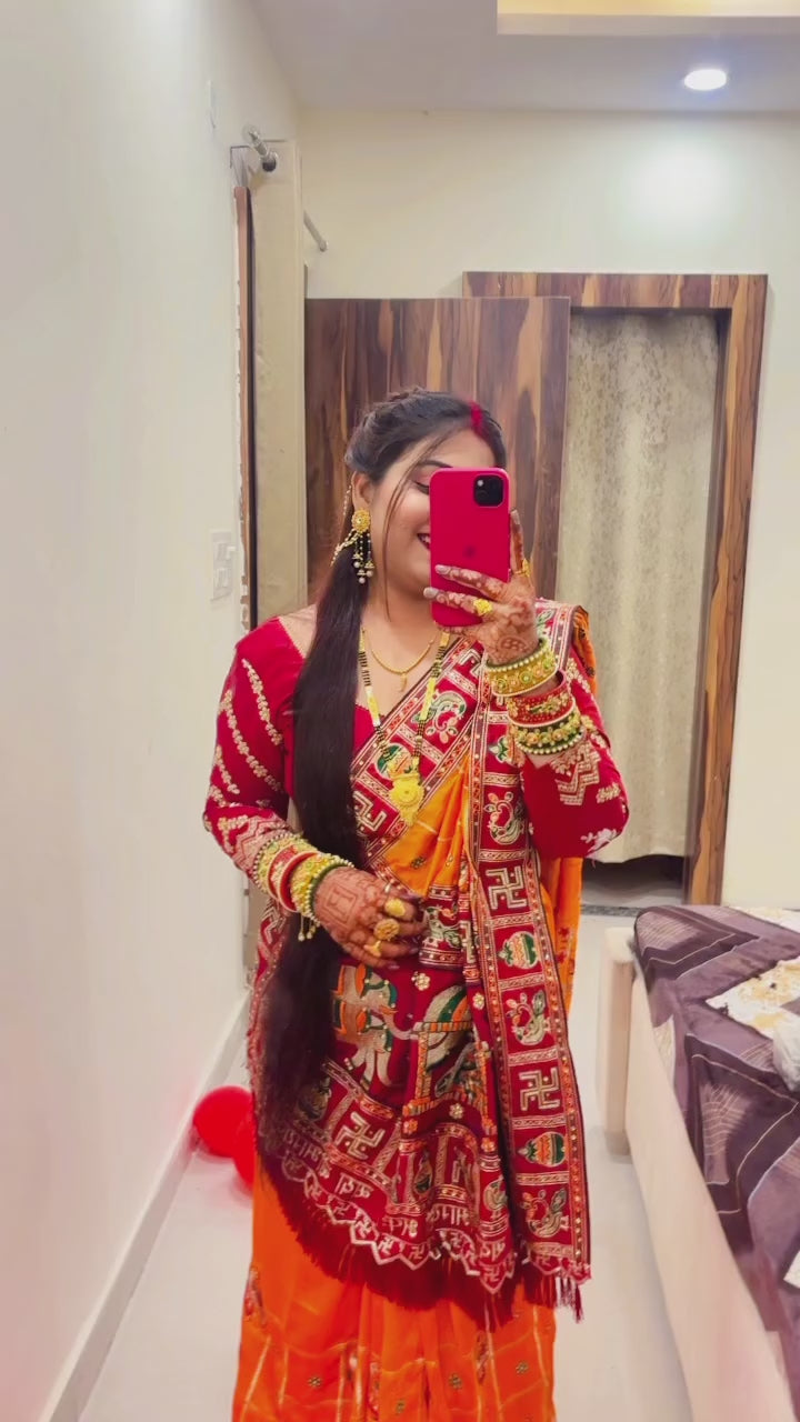 Orange Yellow Maroon Colour HimPriyaThe Lovebirds Embroiderd Panter Patola Saree For Special Occasion