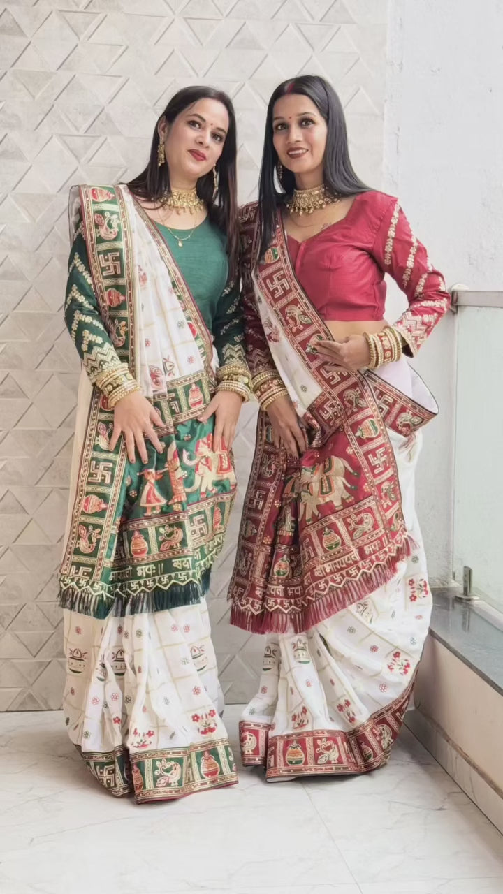 White Green Colour Khushboo Sharma Embroiderd Panter Patola Saree For Special Occasion