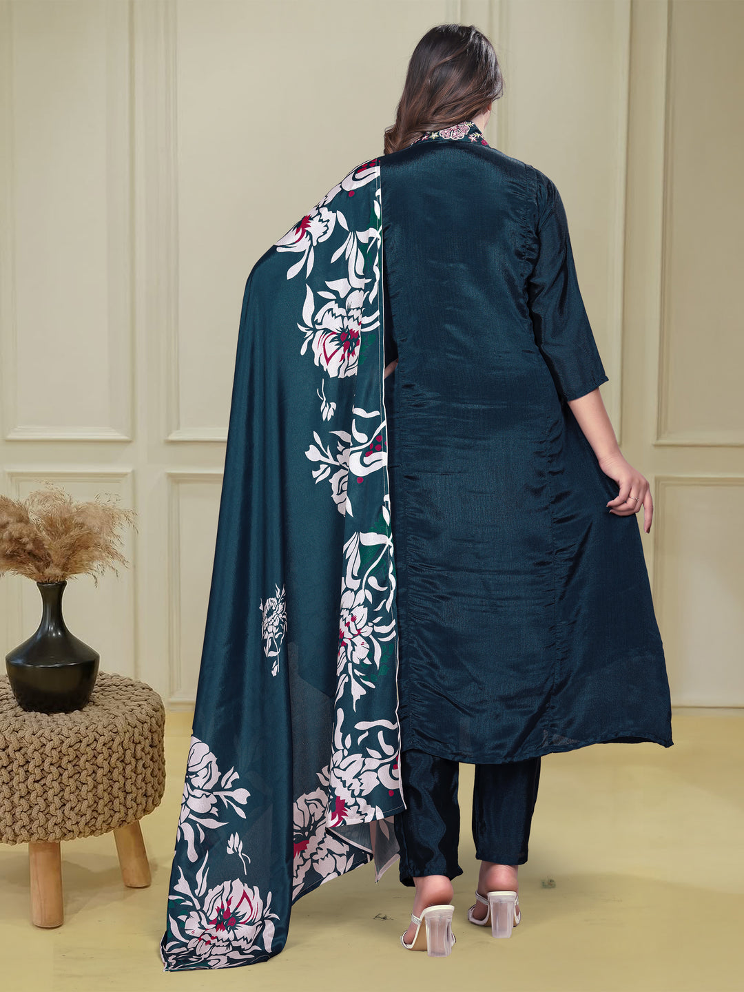 Navy Blue Color Chinnon Embroidery Kurti with Pant And Dupatta Sets