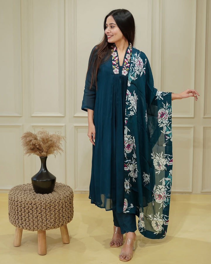 Navy Blue Color Chinnon Embroidery Kurti with Pant And Dupatta Sets