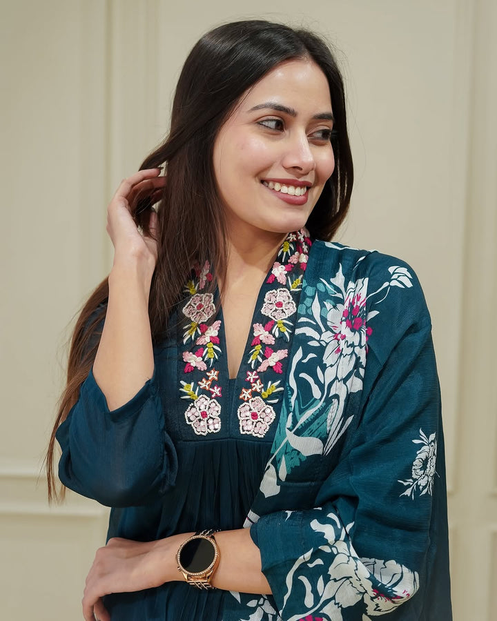 Navy Blue Color Chinnon Embroidery Kurti with Pant And Dupatta Sets