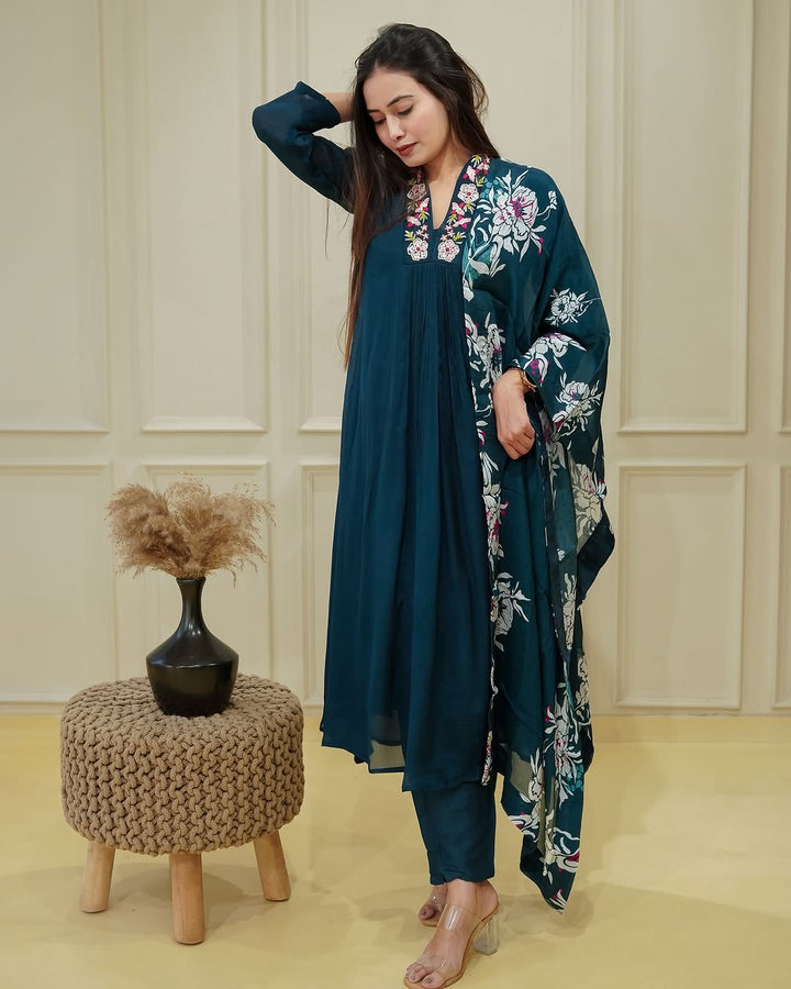 Navy Blue Color Chinnon Embroidery Kurti with Pant And Dupatta Sets