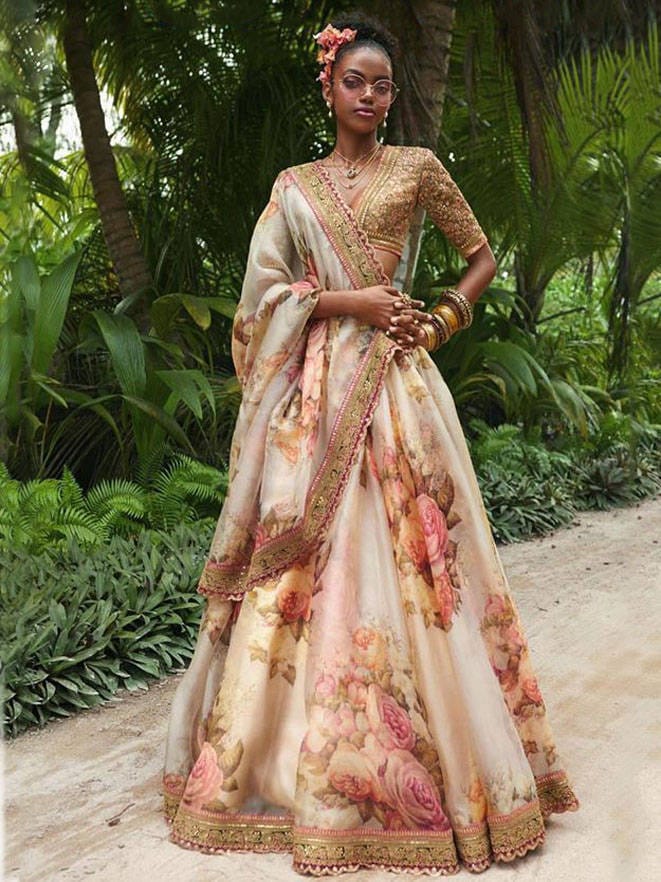 Cream Color Khadi Organza Floral Digital Print Lehenga Choli