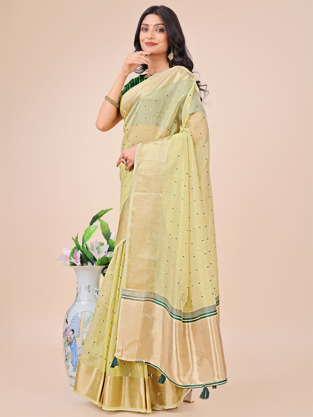 Light Green Colour Organza Saree Weaving work With Blouse Piece