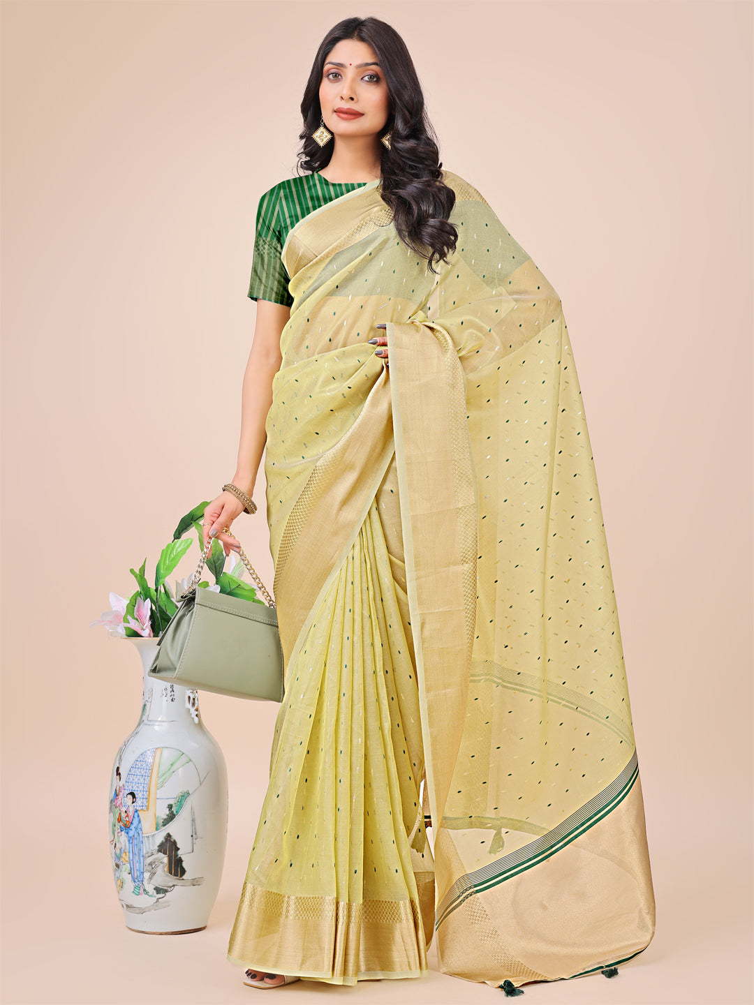 Light Green Colour Organza Saree Weaving work With Blouse Piece