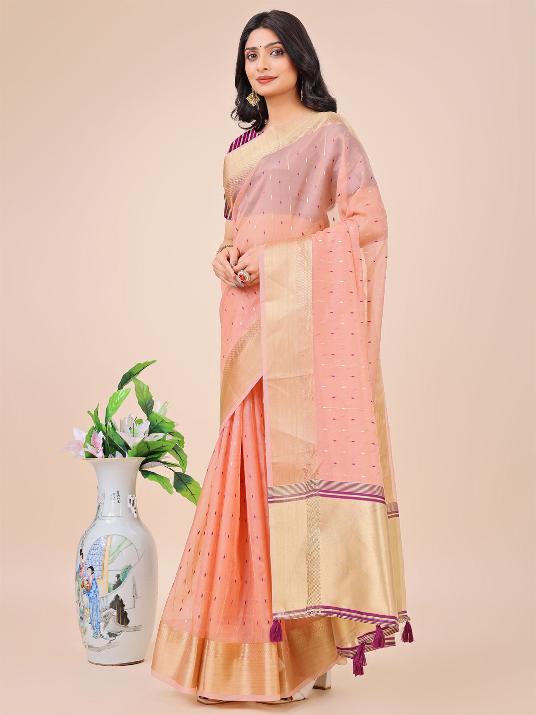 Light Pink Colour Organza Saree Weaving work With Blouse Piece