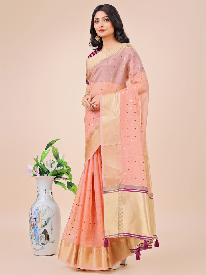 Light Pink Colour Organza Saree Weaving work With Blouse Piece
