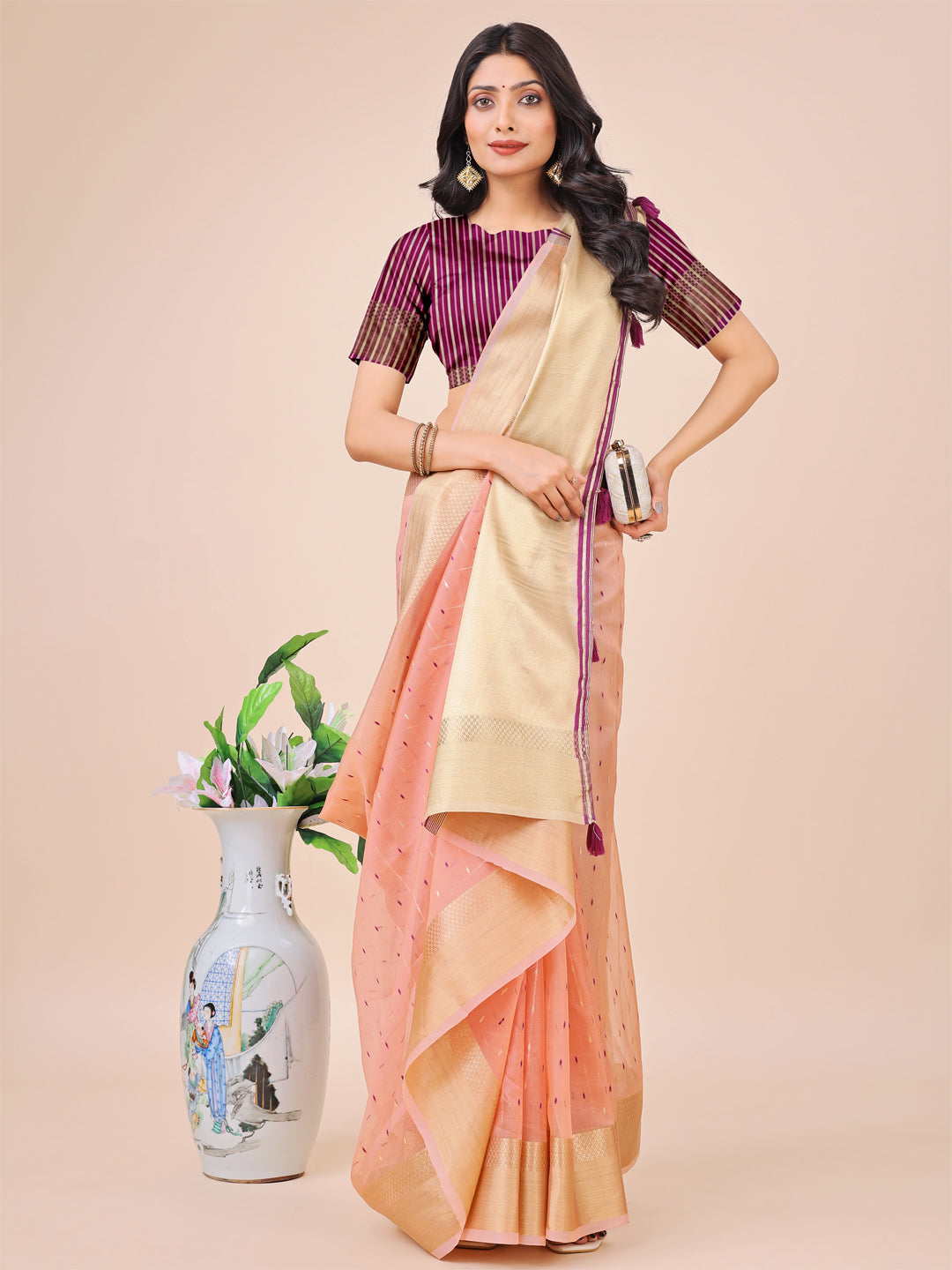 Light Pink Colour Organza Saree Weaving work With Blouse Piece