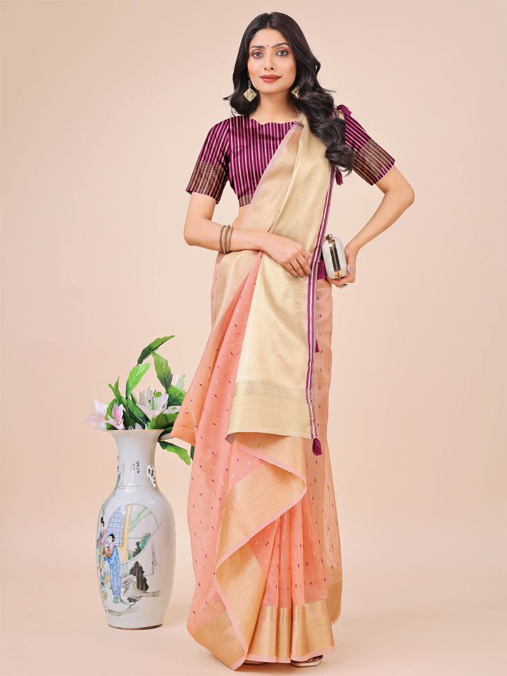 Light Pink Colour Organza Saree Weaving work With Blouse Piece