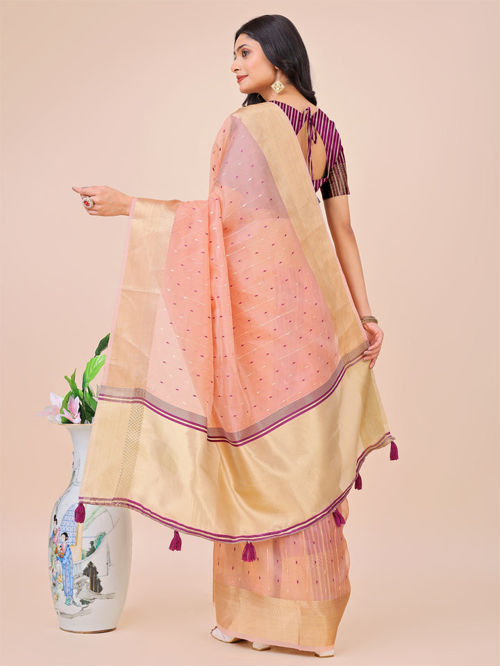 Light Pink Colour Organza Saree Weaving work With Blouse Piece