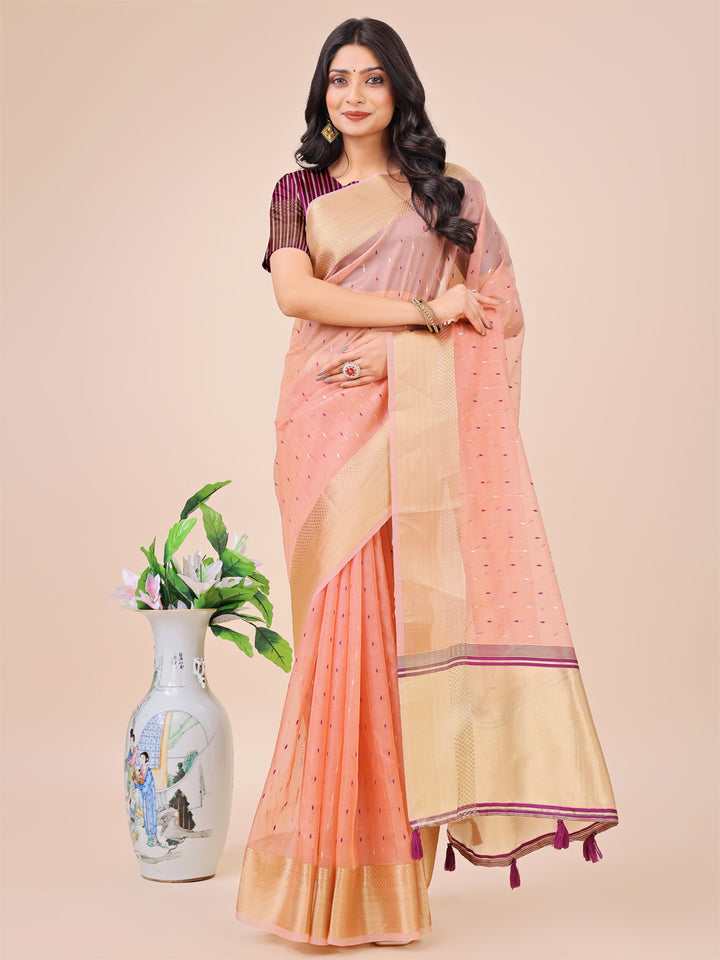 Light Pink Colour Organza Saree Weaving work With Blouse Piece