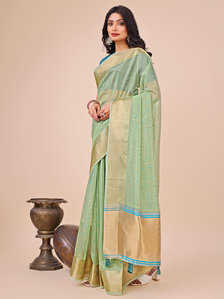 Green Colour Organza Saree Weaving work With Blouse Piece