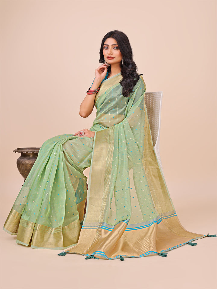 Green Colour Organza Saree Weaving work With Blouse Piece