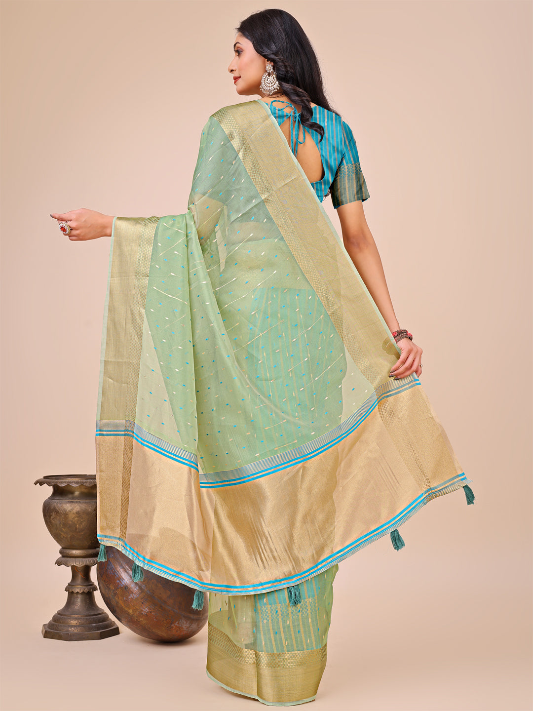 Green Colour Organza Saree Weaving work With Blouse Piece