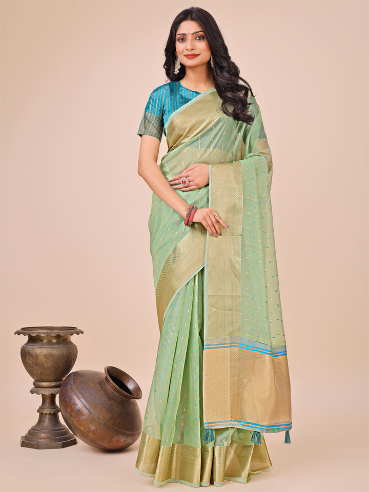 Green Colour Organza Saree Weaving work With Blouse Piece