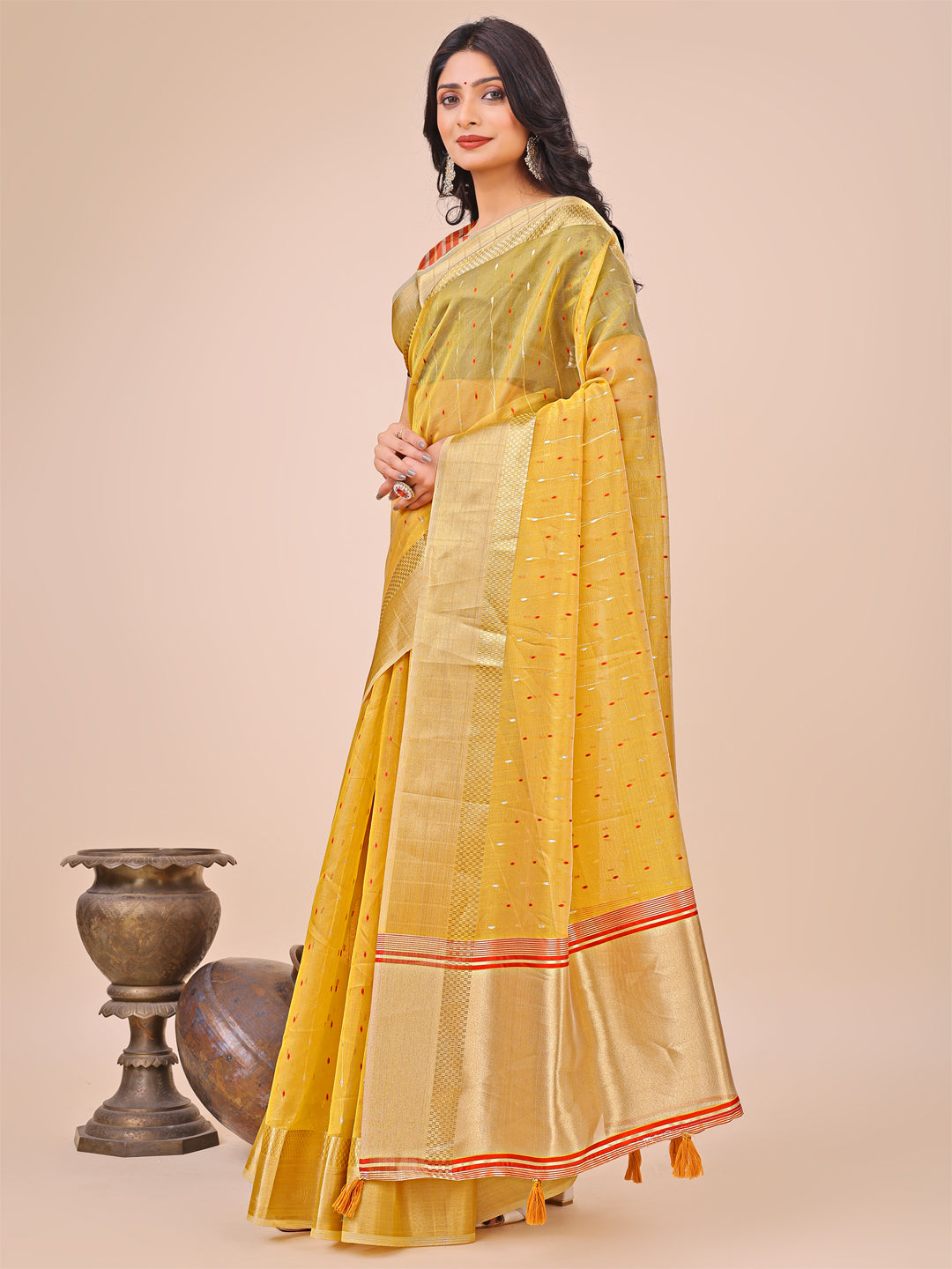 Yellow Colour Organza Saree with Weaving work With Blouse Piece