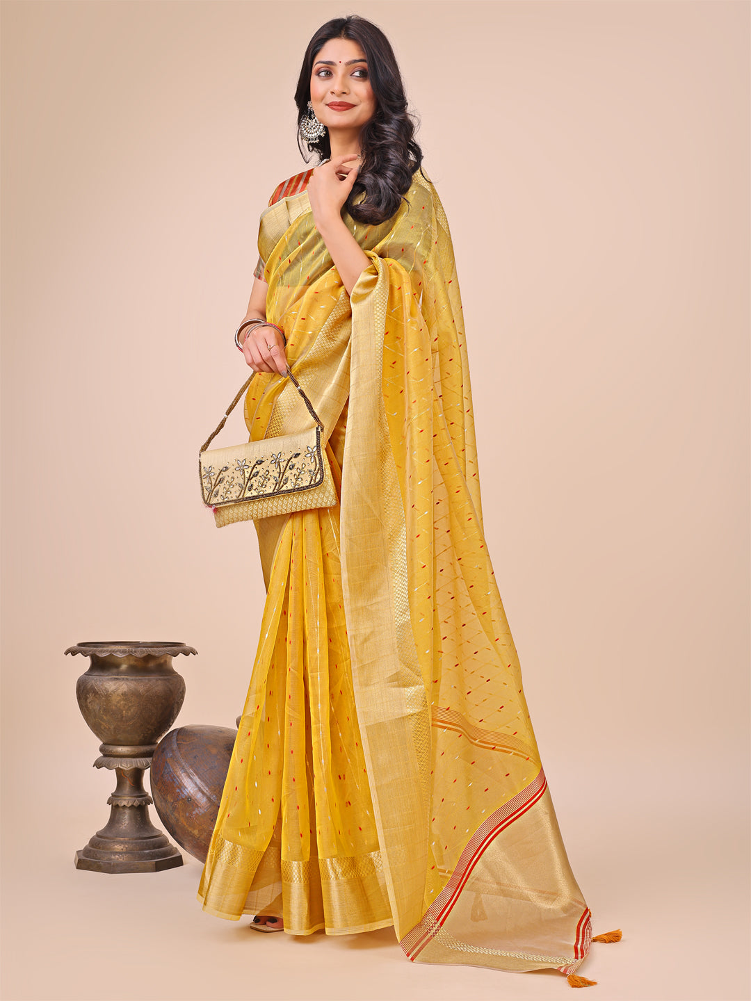 Yellow Colour Organza Saree with Weaving work With Blouse Piece