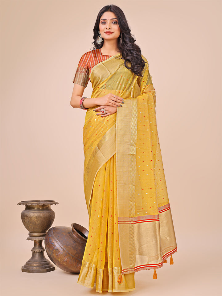 Yellow Colour Organza Saree with Weaving work With Blouse Piece