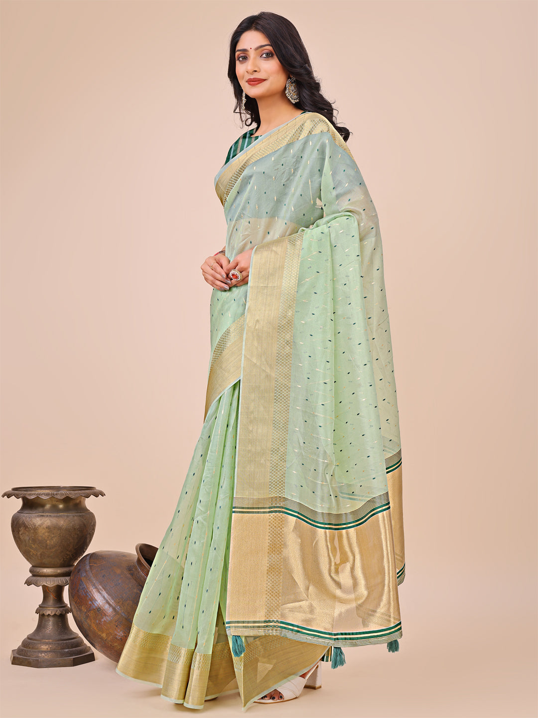 Olive Green Colour Organza Saree Weaving work With Blouse Piece