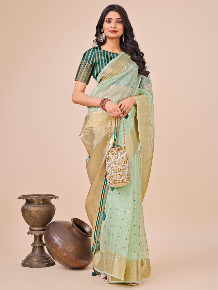 Olive Green Colour Organza Saree Weaving work With Blouse Piece