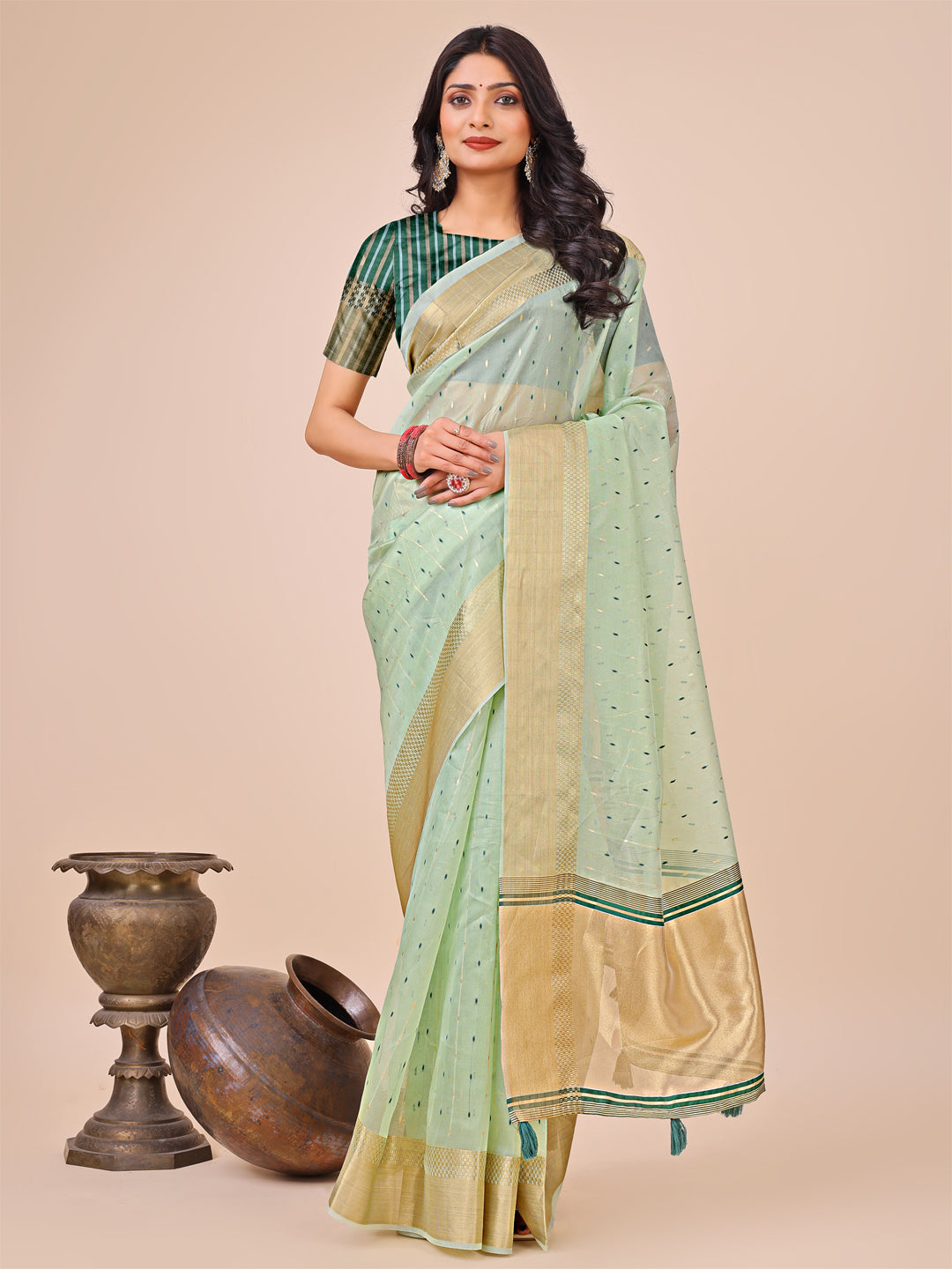 Olive Green Colour Organza Saree Weaving work With Blouse Piece