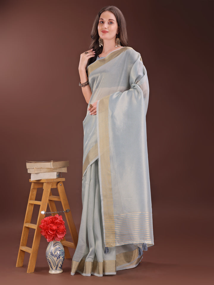 Grey Colour Organza Saree Weaving Work With Blouse Piece