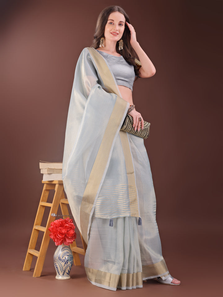 Grey Colour Organza Saree Weaving Work With Blouse Piece