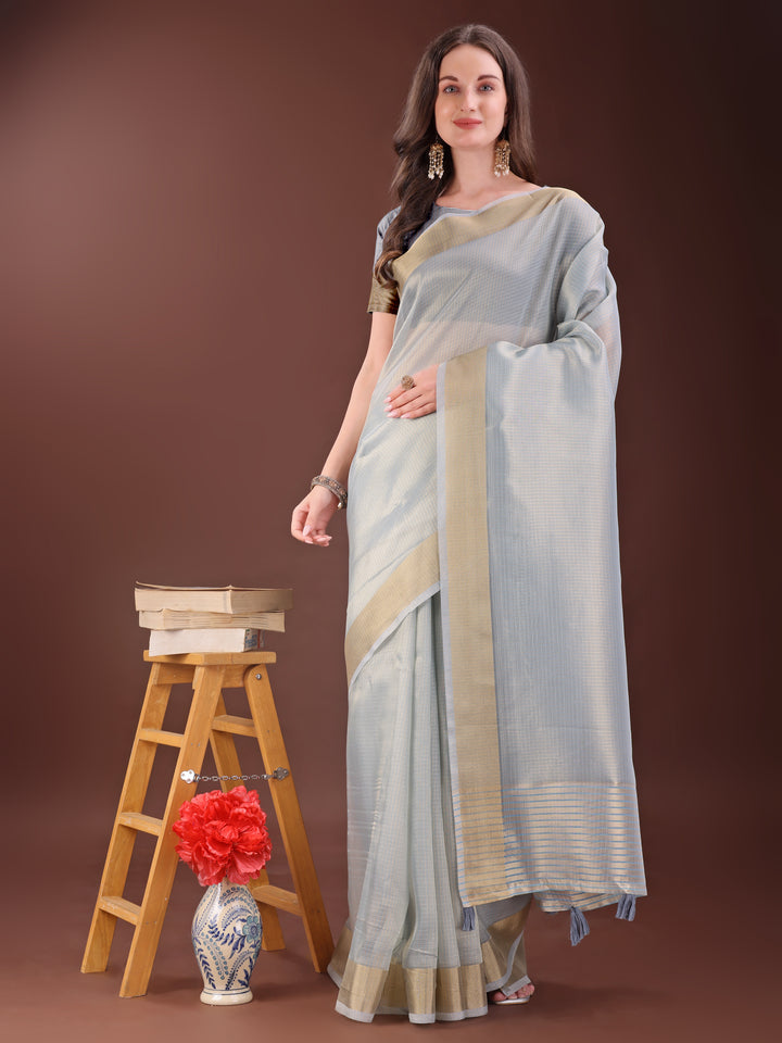 Grey Colour Organza Saree Weaving Work With Blouse Piece